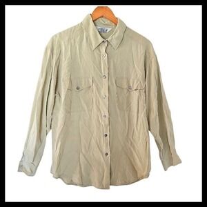 Allison Taylor Green Button Down 100% Silk Top Shirt M Medium Green Chest Pocket